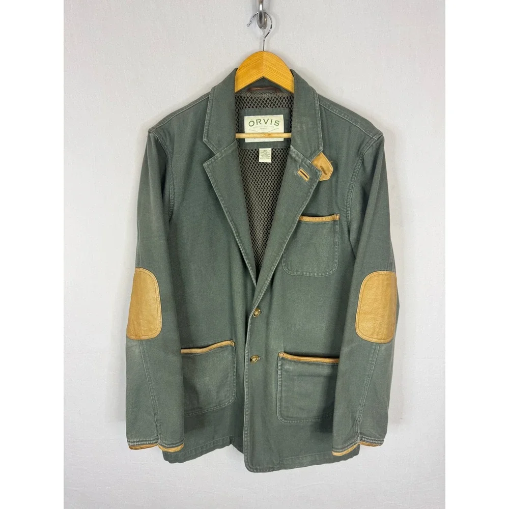 Orvis Mens Canvas Field Blazer Jacket Green Leather Trim Elbow Patches 40L